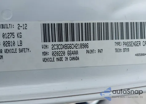 2012 Dodge Charger Se z USA, uszkodzony, nr VIN 2C3CDXBG6CH218906
